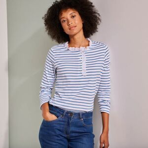 Blancheporte T-shirt Col Boutonné Broderie Anglaise Manches Longues, Coton Rayé - Femme Blanc 46/48