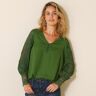 Blancheporte Blouse Macramé Col V Manches Longues, Crêpe Fluide - Femme Vert 52