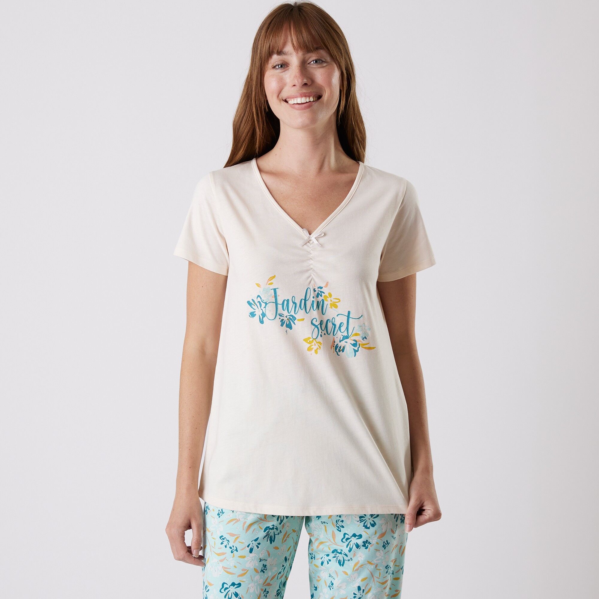 Tee-shirt pyjama manches courtes imprimé "jardin secret" - Blancheporte Écru 52