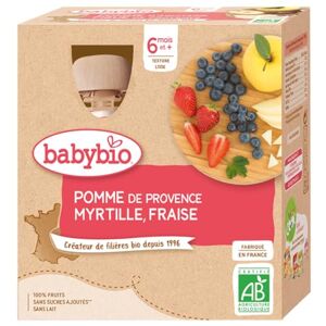 Babybio Gourdes Fruits Pomme Myrtille Fraise 4x90 g 6+ Mois BIO - Publicité