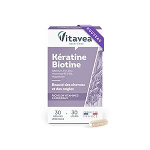 Vitavea Bien-être -Kératine Biotine Complément Alimentaire Soin Cheveux et Ongles Kératine, Biotine (Vitamine B8), Zinc, Sélénium Vitamines B5 et B6-30 gélules 1 mois Fabriqué en France - Publicité