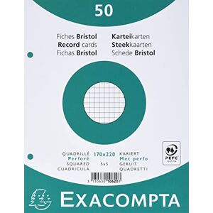 EXACOMPTA Réf. 10620E Paquet de 50 fiches bristol quadrillées 5x5 perforées sous film compatibles avec imprimante jet d'encre, laser et photocopieur format 170 x 220 mm couleur blanc - Publicité