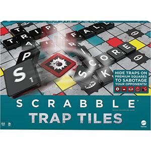 Mattel Scrabble Carreaux de piège à Scrabble Jeu de société familial avec pièges, tuiles à gâchette, étagères, sacs à carreaux, cadeau pour adolescents, adultes ou jeux familiaux, nuit de 10 ans et plus - Publicité