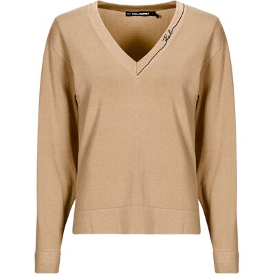 Πουλόβερ Karl Lagerfeld LIGHT V-NECK KNIT SWEATER Beige Small θηλυκός Πουλόβερ Karl Lagerfeld LIGHT V-NECK KNIT SWEATER Beige Small θηλυκός