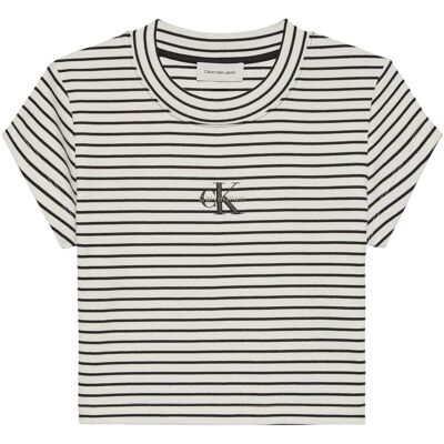 T-shirt με κοντά μανίκια Calvin Klein Jeans Striped Monologo Bab Άσπρο Large θηλυκός T-shirt με κοντά μανίκια Calvin Klein Jeans Striped Monologo Bab Άσπρο Large θηλυκός