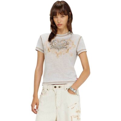Diesel γυναικείο T-shirt με burnout washed effect και λογότυπο από στρας Slim Fit - W26A232400PLBQ Γκρι Ανοιχτό L Diesel γυναικείο T-shirt με burnout washed effect και λογότυπο από στρας Slim Fit - W26A232400PLBQ Γκρι Ανοιχτό L