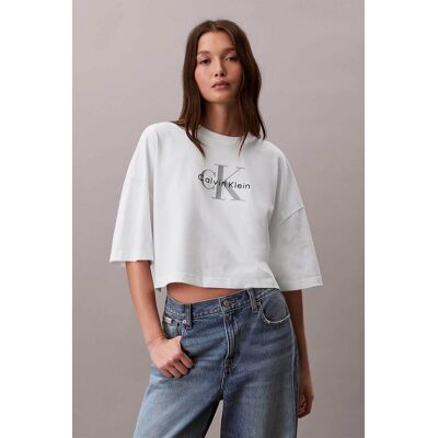 Calvin Klein Jeans γυναικείο T-shirt μονόχρωμο με λογότυπο Boxy Cropped Fit - LV047F828G Λευκό S Calvin Klein Jeans γυναικείο T-shirt μονόχρωμο με λογότυπο Boxy Cropped Fit - LV047F828G Λευκό S
