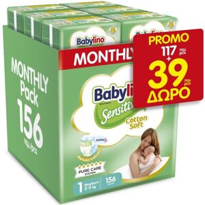 Babylino Πάνες Babylino Sensitive Cotton Soft Monthly Pack No1 (2-5Kg) 130τεμ+26τεμ ΔΩΡΟ)=156τεμ