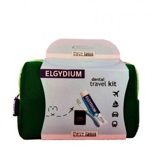Elgydium Dental Travel Kit με Elgydium Pocket Οδοντόβουρτσα Ταξιδιού, Antiplaque Οδοντόκρεμα,50ml & Dental Floss Black Οδοντικό Νήμα 5m σε πράσινο τσαντάκι.