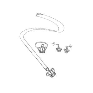 Eleftheriouonline Γυναικείο σετ στέμμα κολιέ με αλυσίδα, δαχτυλίδι και σκουλαρίκια ασημένιο 925 με ζιργκόν