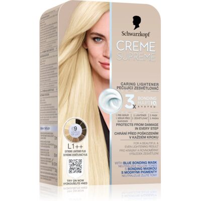 Schwarzkopf Creme Supreme Caring Lightener μόνιμη βαφή μαλλιών για ξάνοιγμα των μαλλιών απόχρωση L1++ Extreme Lightener Plus 60 ml Schwarzkopf Creme Supreme Caring Lightener μόνιμη βαφή μαλλιών για ξάνοιγμα των μαλλιών απόχρωση L1++ Extreme Lightener Plus 60 ml