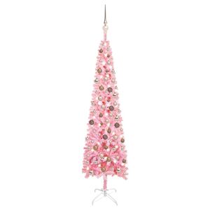vidaXL rózsaszín vékony karácsonyfa LED fényekkel és gömbszettel 180cm