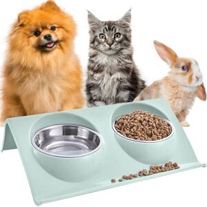 Dupla kisállat tál könnyen tisztítható műanyag alappal -  kutya és macska etető állvány kivehető száraztáp és víz tároló rekesszel (BB-14143)
