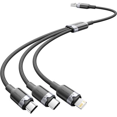 Vention USB 2.0 A Male to 3-in-1 USB-C & Lightning & Micro-B Male 3A Cable 1.5M Black Aluminum Alloy Vention USB 2.0 A Male to 3-in-1 USB-C & Lightning & Micro-B Male 3A Cable 1.5M Black Aluminum Alloy