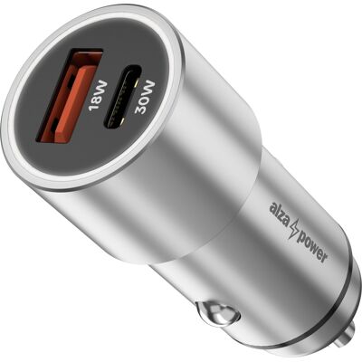 AlzaPower Car Charger X525 USB-A + USB-C Power Delivery 30W - ezüst AlzaPower Car Charger X525 USB-A + USB-C Power Delivery 30W - ezüst