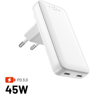 FIXED Slim Traveller GaN PD 45W 2x USB-C kimenettel + cserélhető adapterek - fehér FIXED Slim Traveller GaN PD 45W 2x USB-C kimenettel + cserélhető adapterek - fehér