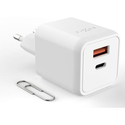 FIXED Mini GaN USB-C/USB kimenettel és PD 45W támogatással, fehér FIXED Mini GaN USB-C/USB kimenettel és PD 45W támogatással, fehér