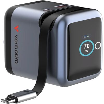 Verbatim GaN-70 Mini 70W töltő, kijelző, beépített kábel Verbatim GaN-70 Mini 70W töltő, kijelző, beépített kábel