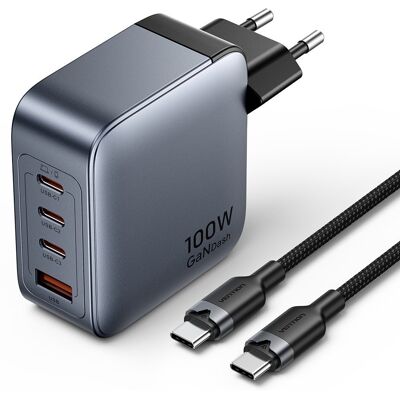 Vention 4-Port USB (C + C + C + A) GaN Charger (100W/100W/30W/30W) Gray with USB-C to USB-C Cable Vention 4-Port USB (C + C + C + A) GaN Charger (100W/100W/30W/30W) Gray with USB-C to USB-C Cable