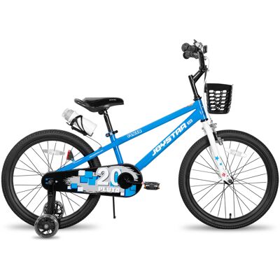 Gyerekbicikli Joystar Pluto 20", 115-145 cm, világító segédkerekek, strapabíró acélváz, biztonságos fékek, állítható nyeregmagasság, palacktartó kék Gyerekbicikli Joystar Pluto 20", 115-145 cm, világító segédkerekek, strapabíró acélváz, biztonságos fékek, állítható nyeregmagasság, palacktartó kék