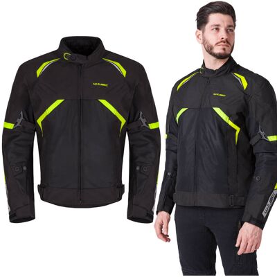 Nyári motoros kabát W-TEC Timuco, szellőzőpanelek, rugalmas panelek, fényvisszaverő elemek, tépőzáras pántok fekete-fluo 5XL Nyári motoros kabát W-TEC Timuco, szellőzőpanelek, rugalmas panelek, fényvisszaverő elemek, tépőzáras pántok fekete-fluo 5XL