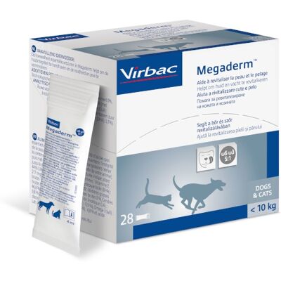 Virbac Megaderm - Táplálékkiegészítő a bőr és szőrzet egészségéért kutyák és macskák számára 10kg alatt - 28 tasak Virbac Megaderm - Táplálékkiegészítő a bőr és szőrzet egészségéért kutyák és macskák számára 10kg alatt - 28 tasak