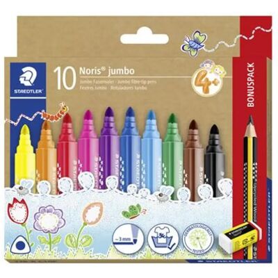 Staedtler Noris jumbo 328 Filctoll készlet grafitceruzával radírral 3 mm háromszögletű 10+1 szín Staedtler Noris jumbo 328 Filctoll készlet grafitceruzával radírral 3 mm háromszögletű 10+1 szín