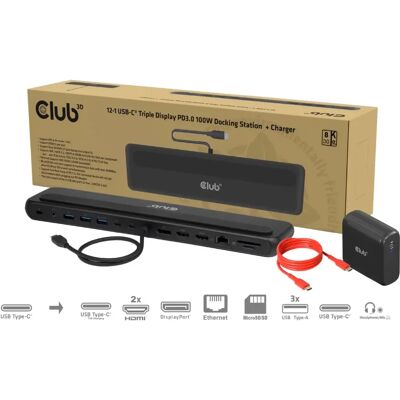 Club 3D 12-1 USB-C® Triple Display PD3.0 100W Docking Station + Charger Club 3D 12-1 USB-C® Triple Display PD3.0 100W Docking Station + Charger