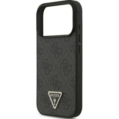 GUESS iPhone 17 Pro GUESS LEATHER 4G TRIANGLE STRASS MAGSAFE szilikon telefonvédő bőr hatású hátlap, MagSafe, FEKETE GUESS iPhone 17 Pro GUESS LEATHER 4G TRIANGLE STRASS MAGSAFE szilikon telefonvédő bőr hatású hátlap, MagSafe, FEKETE