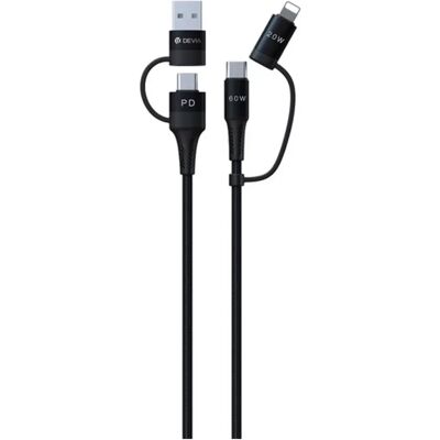 Fekete 4 az 1-ben USB-kábel Devia - Gyors töltés 60W - USB-C, Lightning, Micro USB Fekete 4 az 1-ben USB-kábel Devia - Gyors töltés 60W - USB-C, Lightning, Micro USB