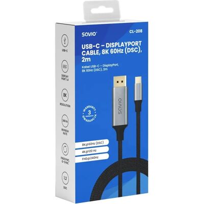 SAVIO USB-C - DisplayPort kábel 8K 60Hz (DSC) 2m CL-208 SAVIO CL-208 SAVIO USB-C - DisplayPort kábel 8K 60Hz (DSC) 2m CL-208 SAVIO CL-208