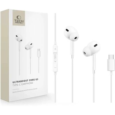 TECH-PROTECT UltraBoost G3 USB-C vezetékes fülhallgató hangerőszabályzóval mikrofonnal fehér SP116490 TECH-PROTECT UltraBoost G3 USB-C vezetékes fülhallgató hangerőszabályzóval mikrofonnal fehér SP116490