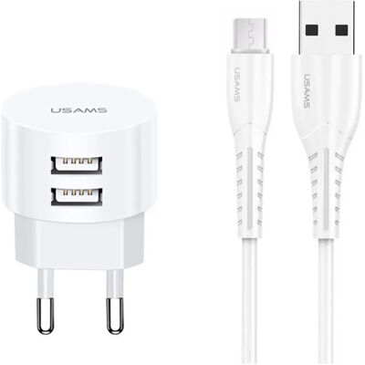 Usams XTXLOGT18MC05 Kettős USB töltő - 2xUSB, MicroUSB, Fehér - Töltők Usams XTXLOGT18MC05 Kettős USB töltő - 2xUSB, MicroUSB, Fehér - Töltők