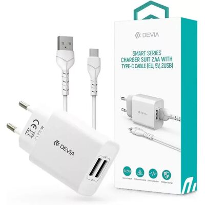 DEVIA 2xUSB hálózati töltő adapter + USB - Type-C kábel 1 m-es vezetékkel 12W fehér DEVIA 2xUSB hálózati töltő adapter + USB - Type-C kábel 1 m-es vezetékkel 12W fehér