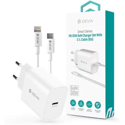 DEVIA Smart Series 30W GaN PD+QC hálózati gyorstöltő adapter + Type-C - Lightning kábel fehér DEVIA Smart Series 30W GaN PD+QC hálózati gyorstöltő adapter + Type-C - Lightning kábel fehér