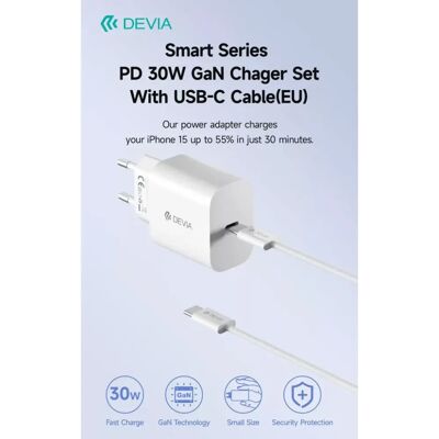 DEVIA Smart Series 30W GaN PD+QC hálózati gyorstöltő adapter + Type-C - Type-C kábel fehér DEVIA Smart Series 30W GaN PD+QC hálózati gyorstöltő adapter + Type-C - Type-C kábel fehér