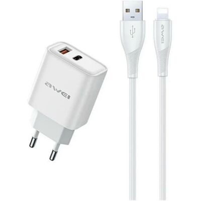 AWEI PD81L-EU Hálózati töltő USB+Type-C aljzat 22.5W PD gyorstöltő + lightning kábel fehér AWEI PD81L-EU Hálózati töltő USB+Type-C aljzat 22.5W PD gyorstöltő + lightning kábel fehér