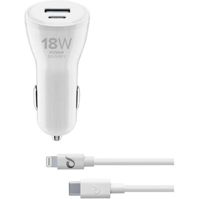 Cellular Line Autós töltő USB +Type-C aljzat 18+12W gyorstöltő + Type-C - lightning kábel fehér Cellular Line Autós töltő USB +Type-C aljzat 18+12W gyorstöltő + Type-C - lightning kábel fehér