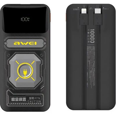 AWEI P77K vésztöltő USB + Type-C aljzat 10000mAh PD gyorstöltő + fix Type-C+lightning kábel fekete AWEI P77K vésztöltő USB + Type-C aljzat 10000mAh PD gyorstöltő + fix Type-C+lightning kábel fekete