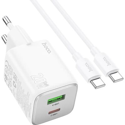 HOCO N41 hálózati töltő USB +Type-C aljzat 20W PD gyorstöltő 3.0 + lightning kábel fehér HOCO N41 hálózati töltő USB +Type-C aljzat 20W PD gyorstöltő 3.0 + lightning kábel fehér