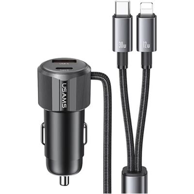 USAMS Autós töltő USB +Type-C aljzat 66W PD gyorstöltő + fix Type-C - lightning kábel fekete USAMS Autós töltő USB +Type-C aljzat 66W PD gyorstöltő + fix Type-C - lightning kábel fekete