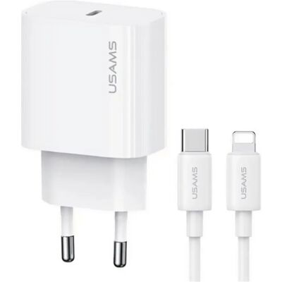 USAMS T65 hálózati töltő Type-C aljzat 20W PD gyorstöltő + lightning kábel fehér USAMS T65 hálózati töltő Type-C aljzat 20W PD gyorstöltő + lightning kábel fehér