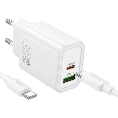 HOCO N63 hálózati töltő USB+Type-C aljzat 30W, PD gyorstöltő 3.0 + Type-C kábel, FEHÉR HOCO N63 hálózati töltő USB+Type-C aljzat 30W, PD gyorstöltő 3.0 + Type-C kábel, FEHÉR