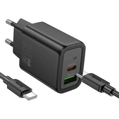HOCO N61 hálózati töltő USB+Type-C aljzat 20W, PD gyorstöltő 3.0 + Type-C kábel, FEKETE HOCO N61 hálózati töltő USB+Type-C aljzat 20W, PD gyorstöltő 3.0 + Type-C kábel, FEKETE