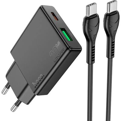 HOCO N38 hálózati töltő USB+Type-C aljzat 20W, vékony + lightning kábel, FEKETE HOCO N38 hálózati töltő USB+Type-C aljzat 20W, vékony + lightning kábel, FEKETE