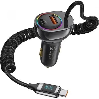 USAMS autós töltő USB+Type-C aljzat 30W, RGB + fix Type-C kábel, FEKETE USAMS autós töltő USB+Type-C aljzat 30W, RGB + fix Type-C kábel, FEKETE