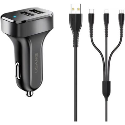 USAMS KING TU C13 autós töltő 2 USB aljzat 10W, LED jelzés + lightning/microUSB/Type-C kábel, FEKETE USAMS KING TU C13 autós töltő 2 USB aljzat 10W, LED jelzés + lightning/microUSB/Type-C kábel, FEKETE
