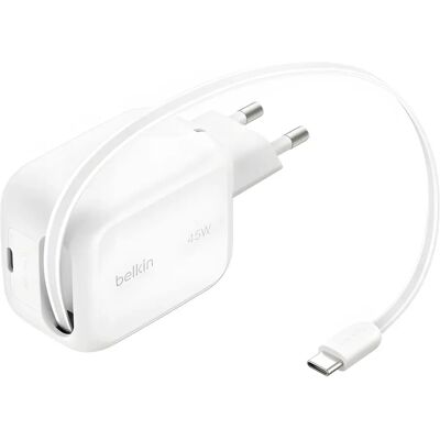 Belkin BoostCharge Pro 45 W USB-C GaN fali töltő behúzható kábellel fehér WCH023KQWH Belkin BoostCharge Pro 45 W USB-C GaN fali töltő behúzható kábellel fehér WCH023KQWH