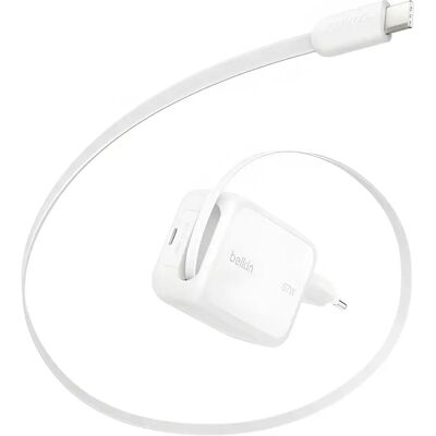Belkin BoostCharge Pro 67W Dual USB-C GaN fali töltő visszahúzható kábellel fehér WCH022KQWH Belkin BoostCharge Pro 67W Dual USB-C GaN fali töltő visszahúzható kábellel fehér WCH022KQWH