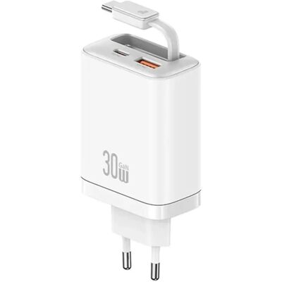 USAMS CC296 hálózati töltő USB+Type-C aljzat 30W GaN PD gyorstöltő + fix Type-C kábel FEHÉR CC296TC02 USAMS CC296 hálózati töltő USB+Type-C aljzat 30W GaN PD gyorstöltő + fix Type-C kábel FEHÉR CC296TC02